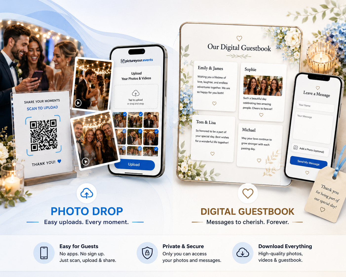 Collage showing weddings, parties, reunions, graduations, and corporate events using QR code photo sharing