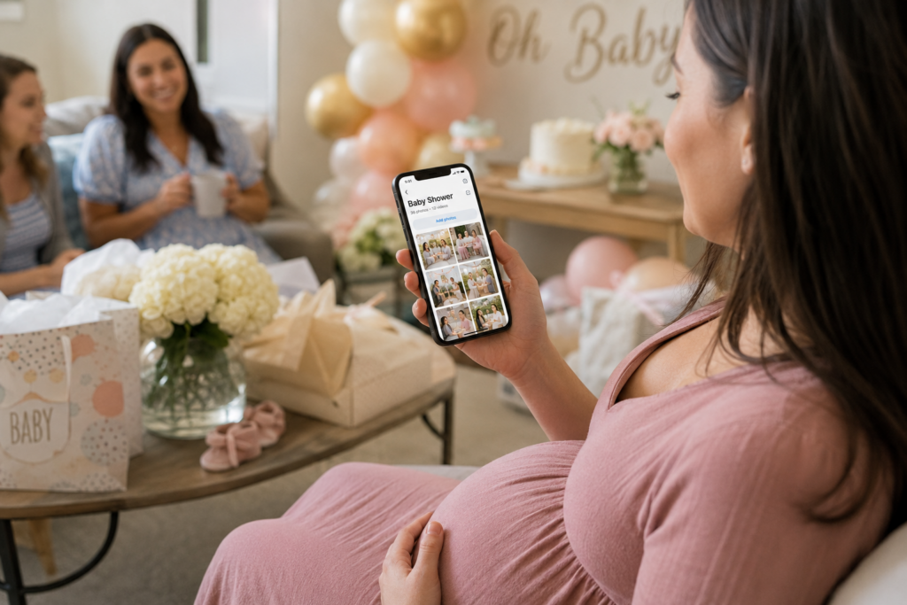 Baby shower organizer viewing collected event photos on a phone