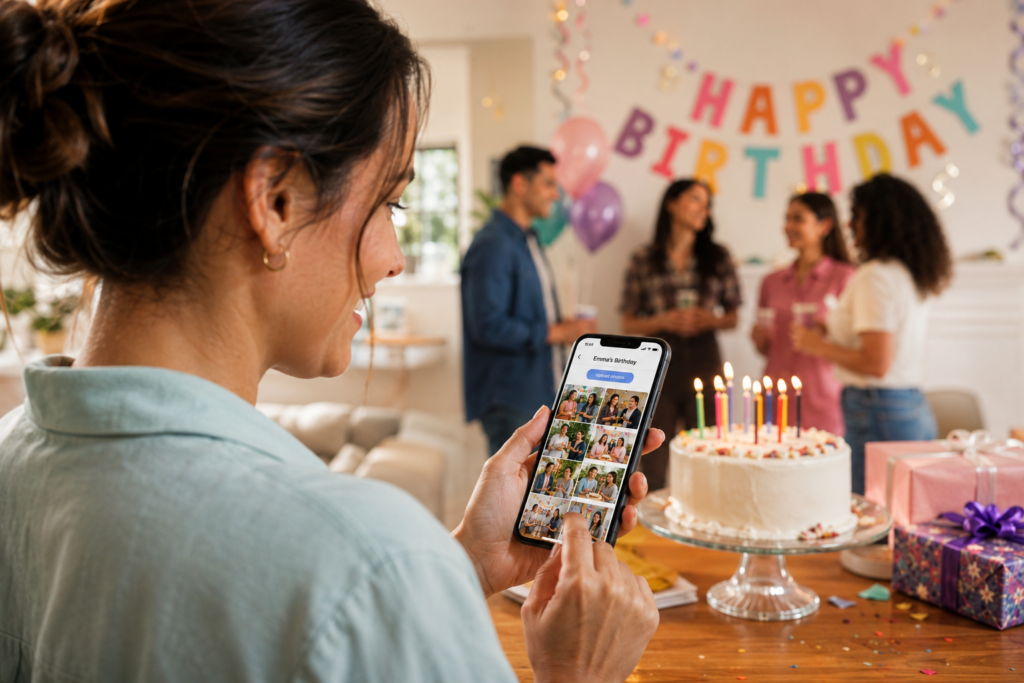 Birthday party organizer viewing collected event photos on a phone