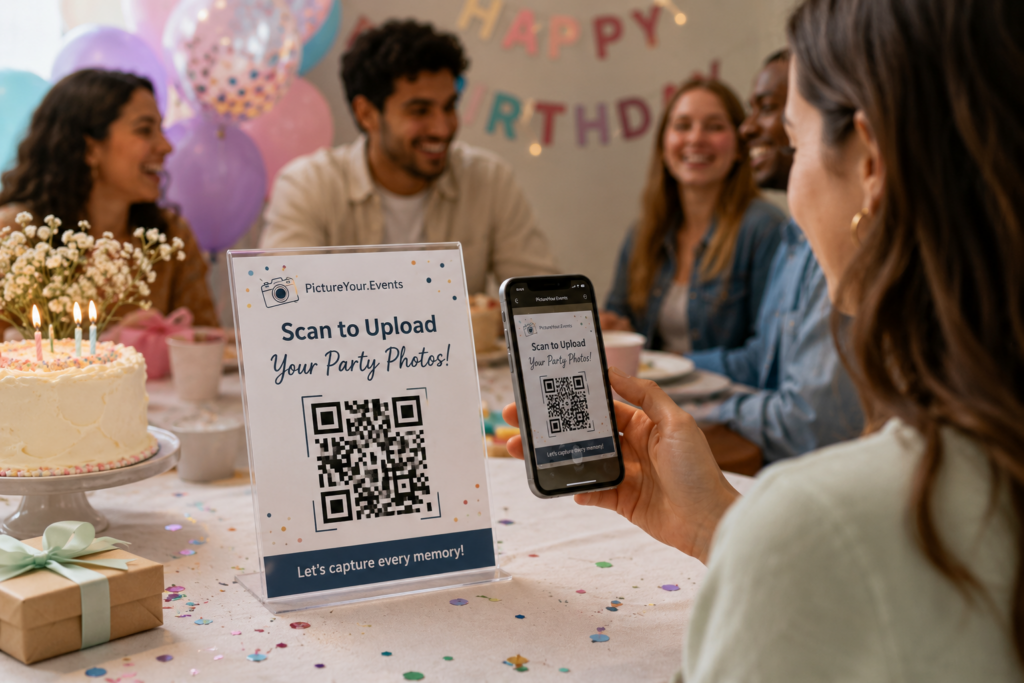 Guest scanning a QR code at a birthday party to upload photos