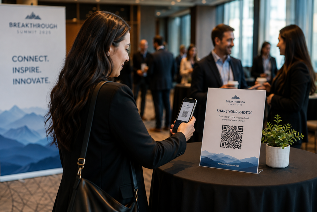 Conference attendee scanning a QR code to upload corporate event photos