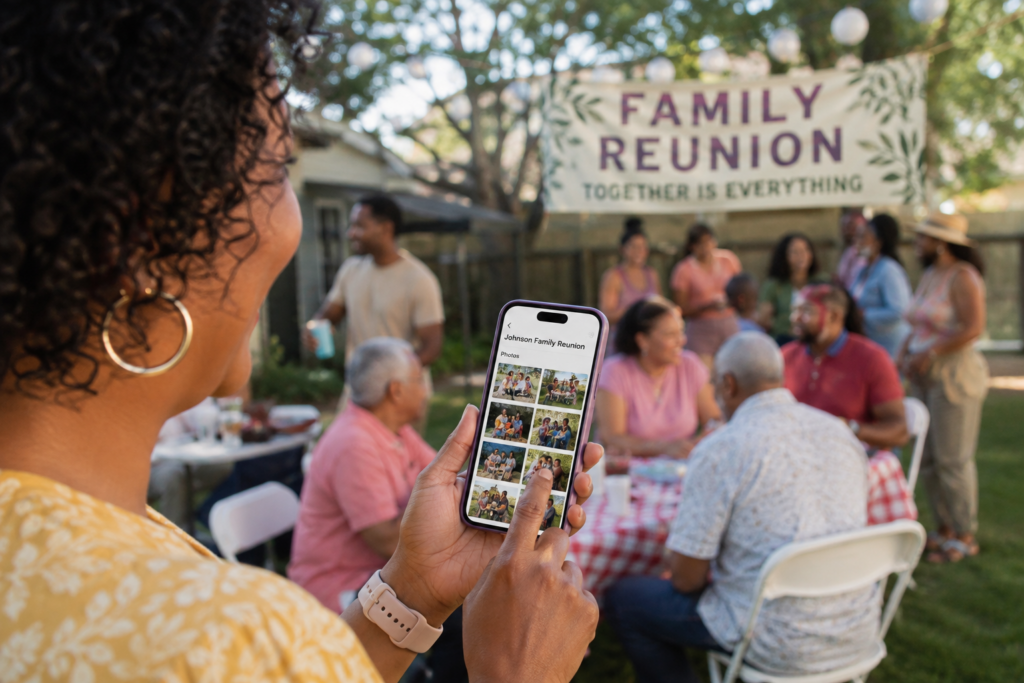 Family reunion organizer viewing collected reunion photos on a phone