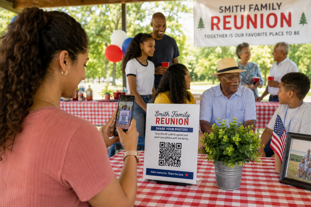 Family member scanning a QR code at a family reunion to upload photos