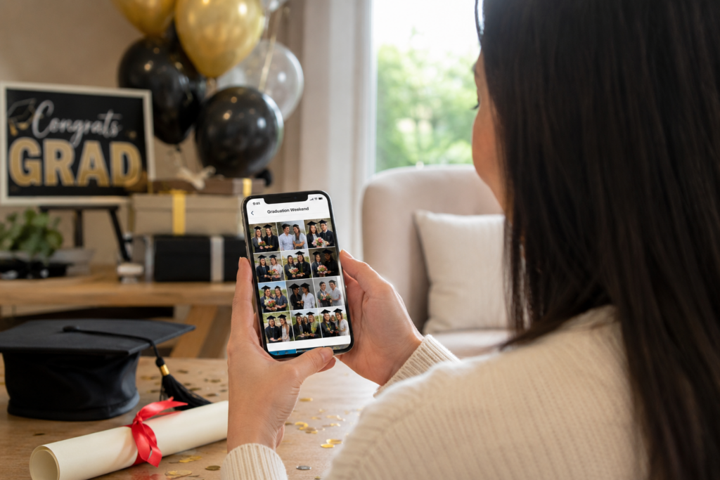 Graduation organizer viewing collected graduation photos on a phone