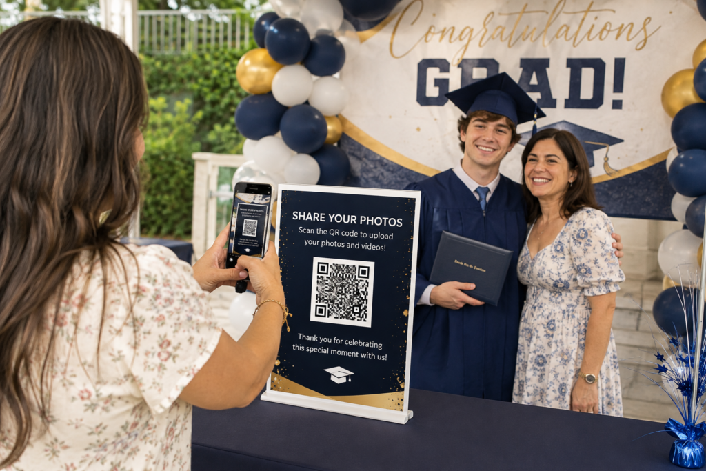 Graduation guest scanning a QR code to upload celebration photos