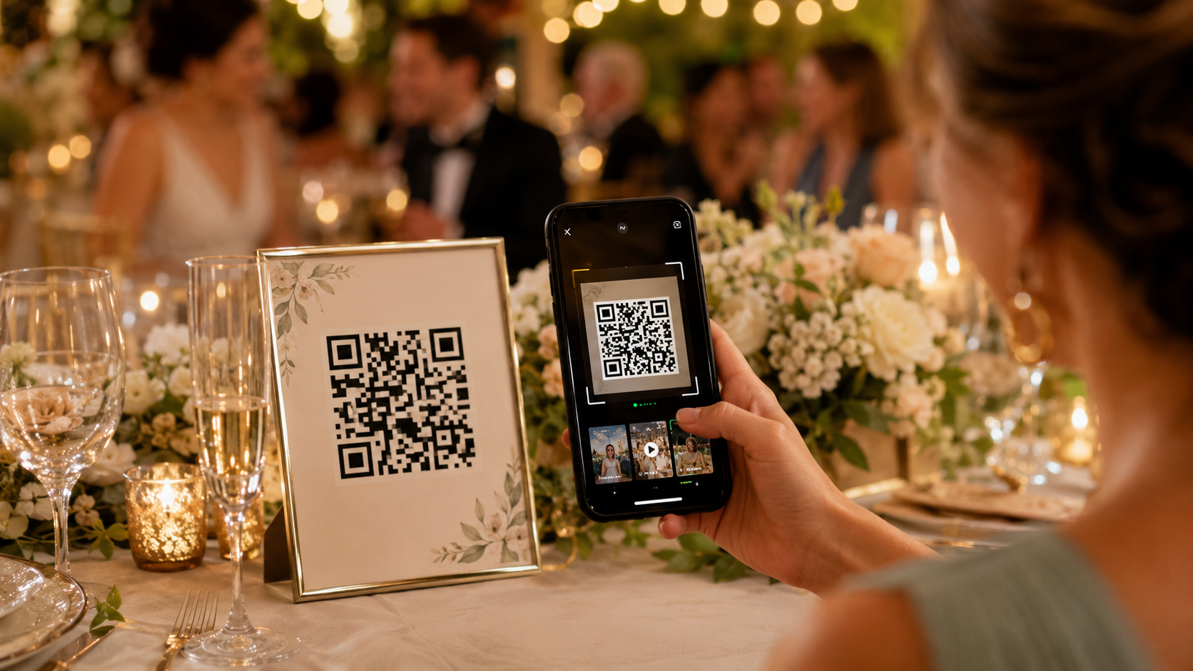 Wedding guest scanning a QR code to upload wedding photos and videos