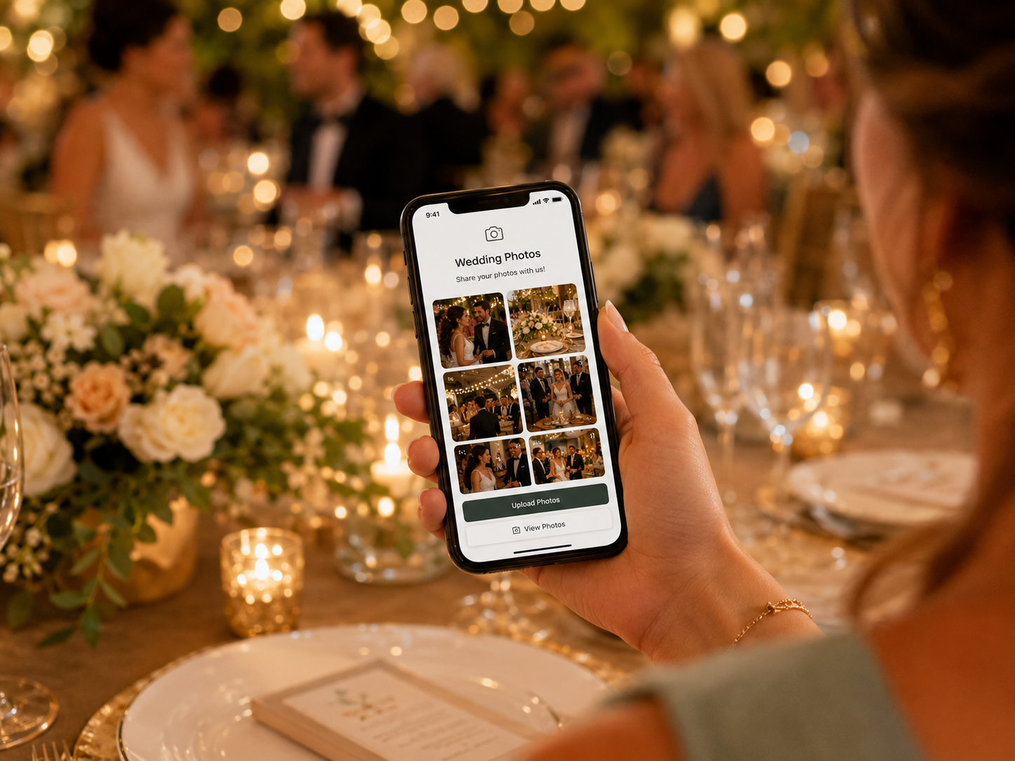 Wedding organizer viewing photos collected from guests on a phone