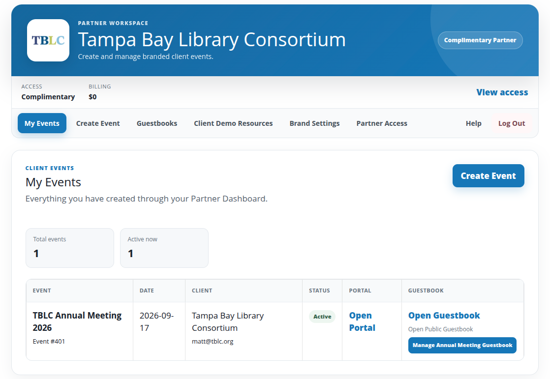 Example PictureYour.Events Partner Dashboard showing branded client event management