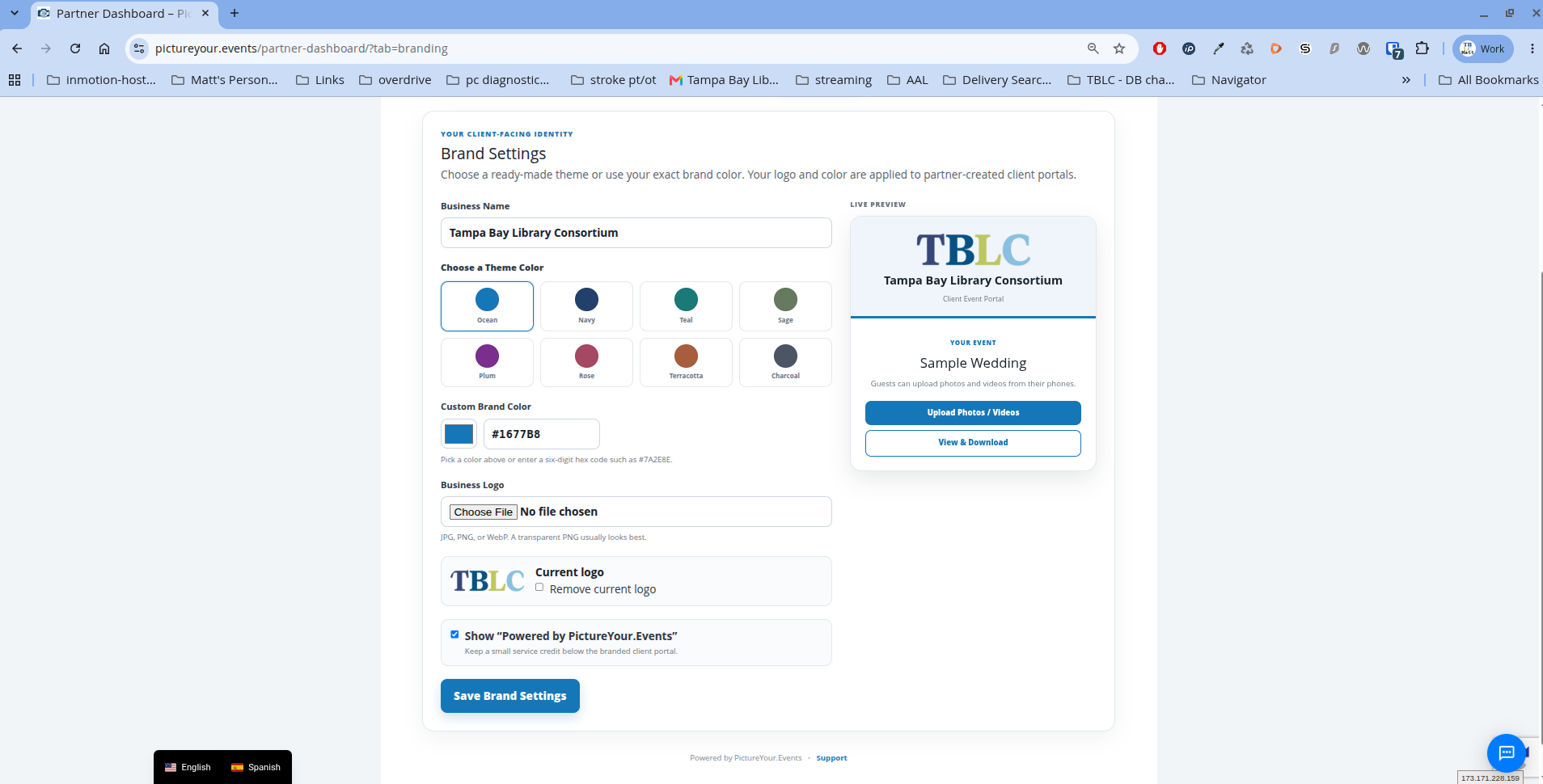 Partner Brand Settings showing business name, logo, colors, and live preview
